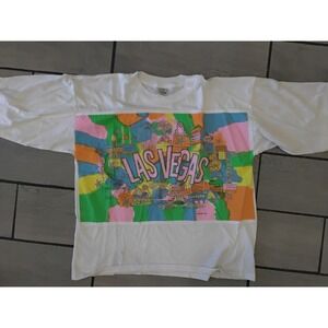 Vintage 1990 Caribe Las Vegas Pop Art T-Shirt Neon Glitter Souvenir White L/XL
